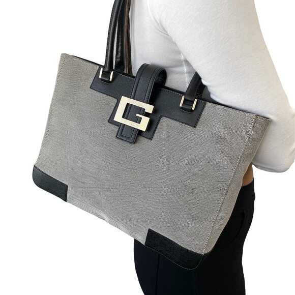 Gucci Handbags - GUCCI Vintage G Square Logo Shoulder Bag Gray Black Cotton Leather [103945]